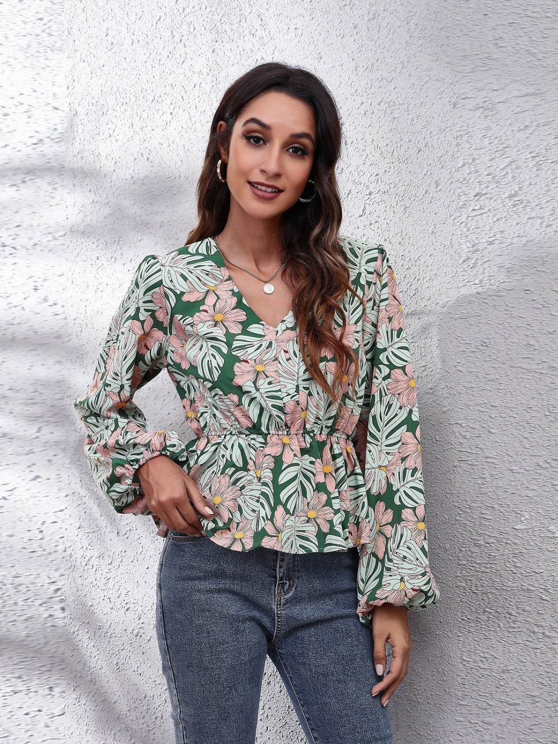 Floral V-Neck Balloon Sleeve Peplum Blouse - Amexza