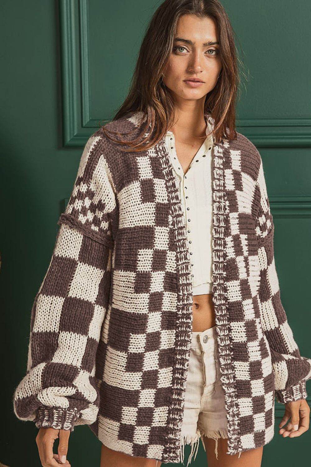 Checkered Open Front Long Sleeve Cardigan - Amexza