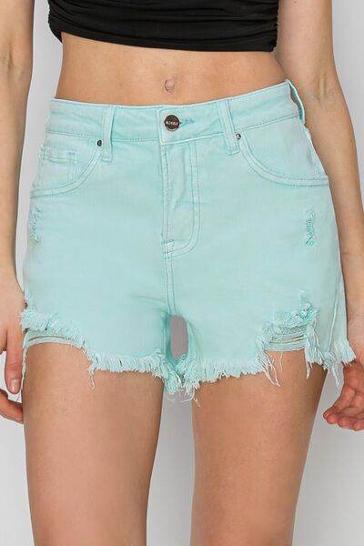 RISEN Mid Waist Frayed Hem Denim Shorts Mint for a perfect OOTD – dress to impress outfits from Amexza