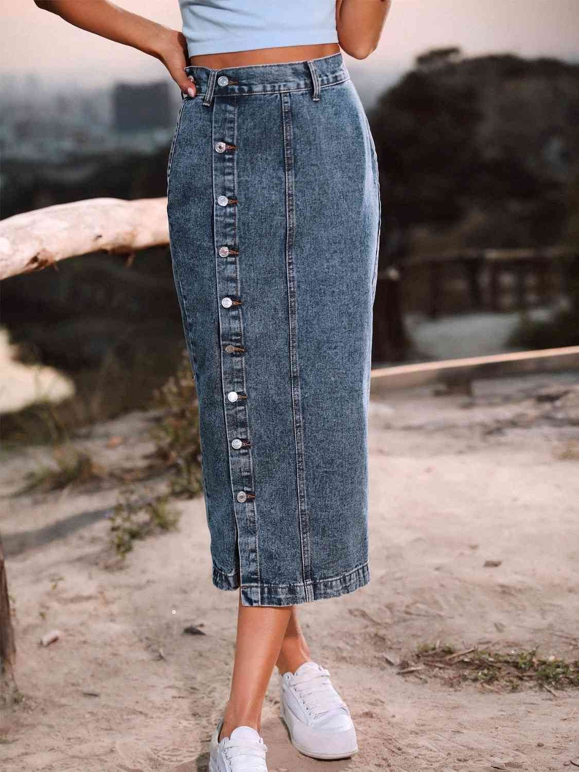 Button Down Denim Skirt - Amexza