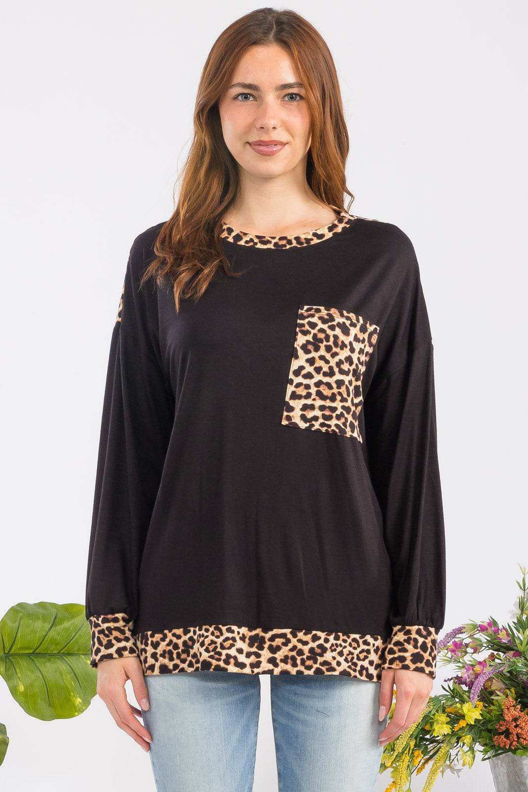 Celeste Full Size Leopard Round Neck Dropped Shoulder T-Shirt - Amexza