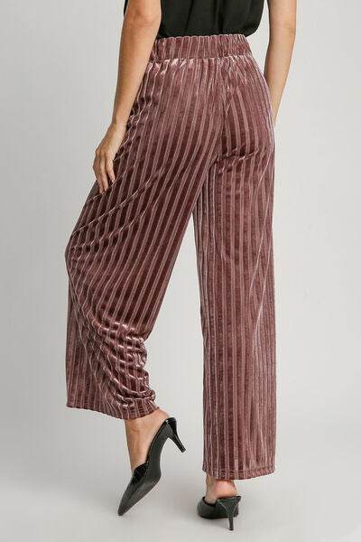 Umgee Full Size Elastic Waist Striped Wide Leg Velvet Pants - Amexza