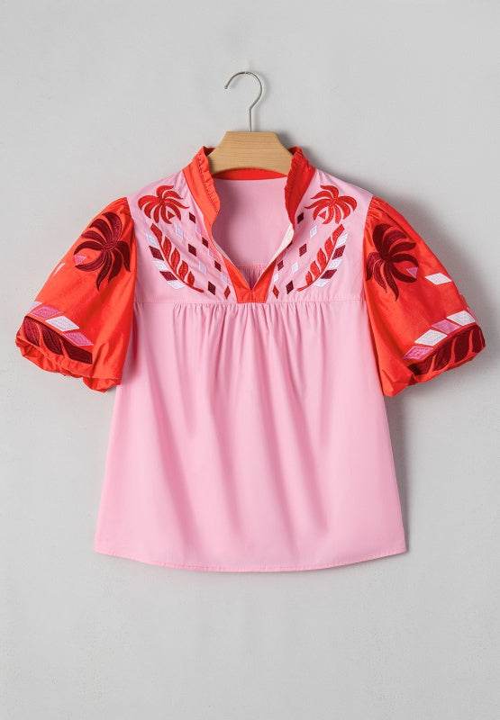 Embroidered Notched Short Sleeve Babydoll Blouse for a perfect OOTD – dress to impress outfits from Amexza