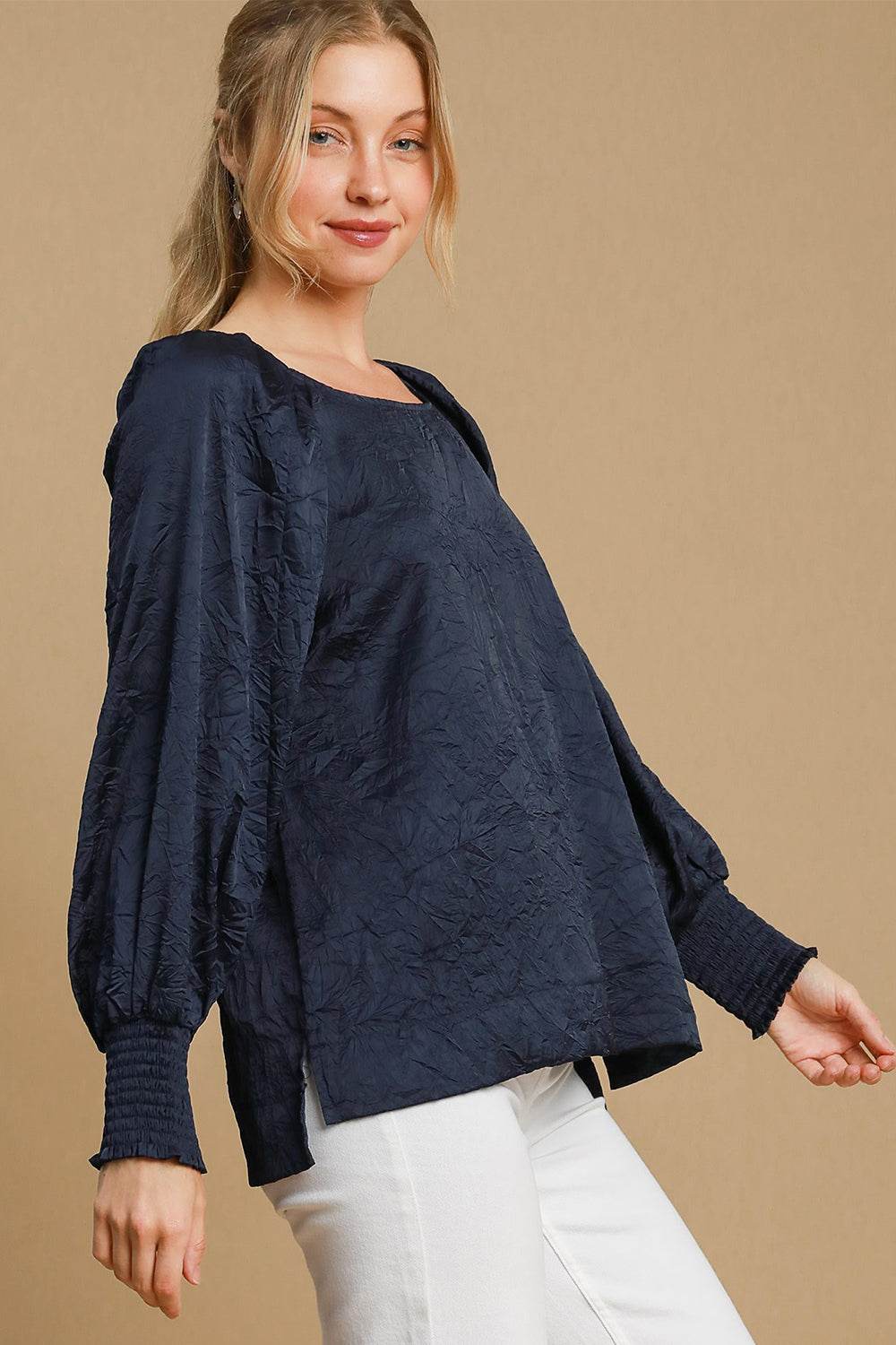 Umgee Wrinkled Round Neck Lantern Sleeve Blouse for a perfect OOTD – dress to impress outfits from Amexza