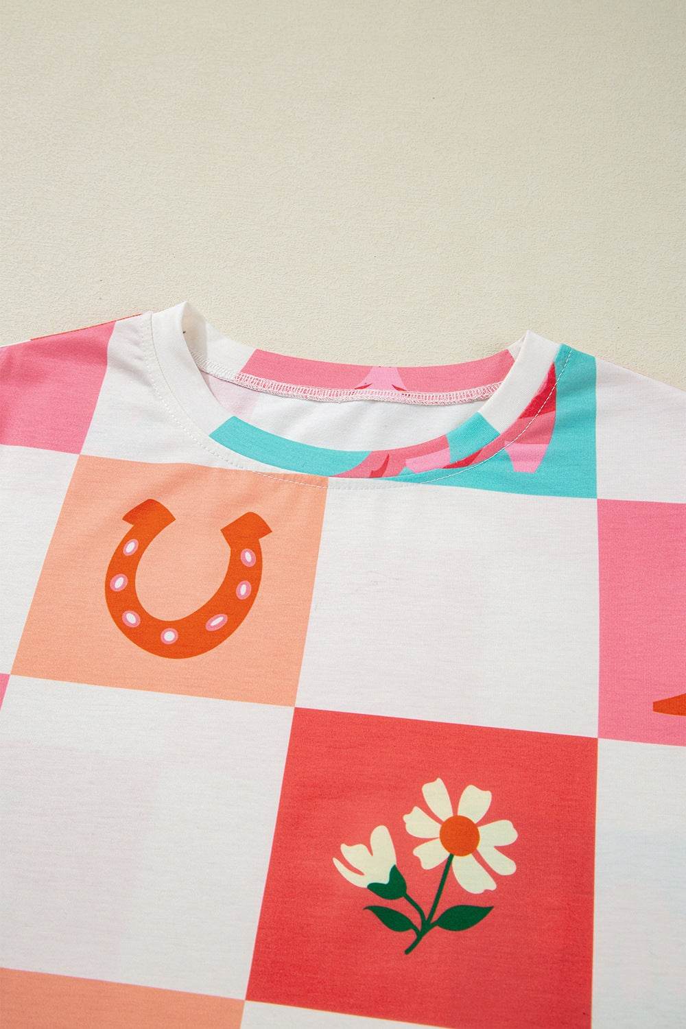 Checker Print Round Neck Short Sleeve T-Shirt - Amexza