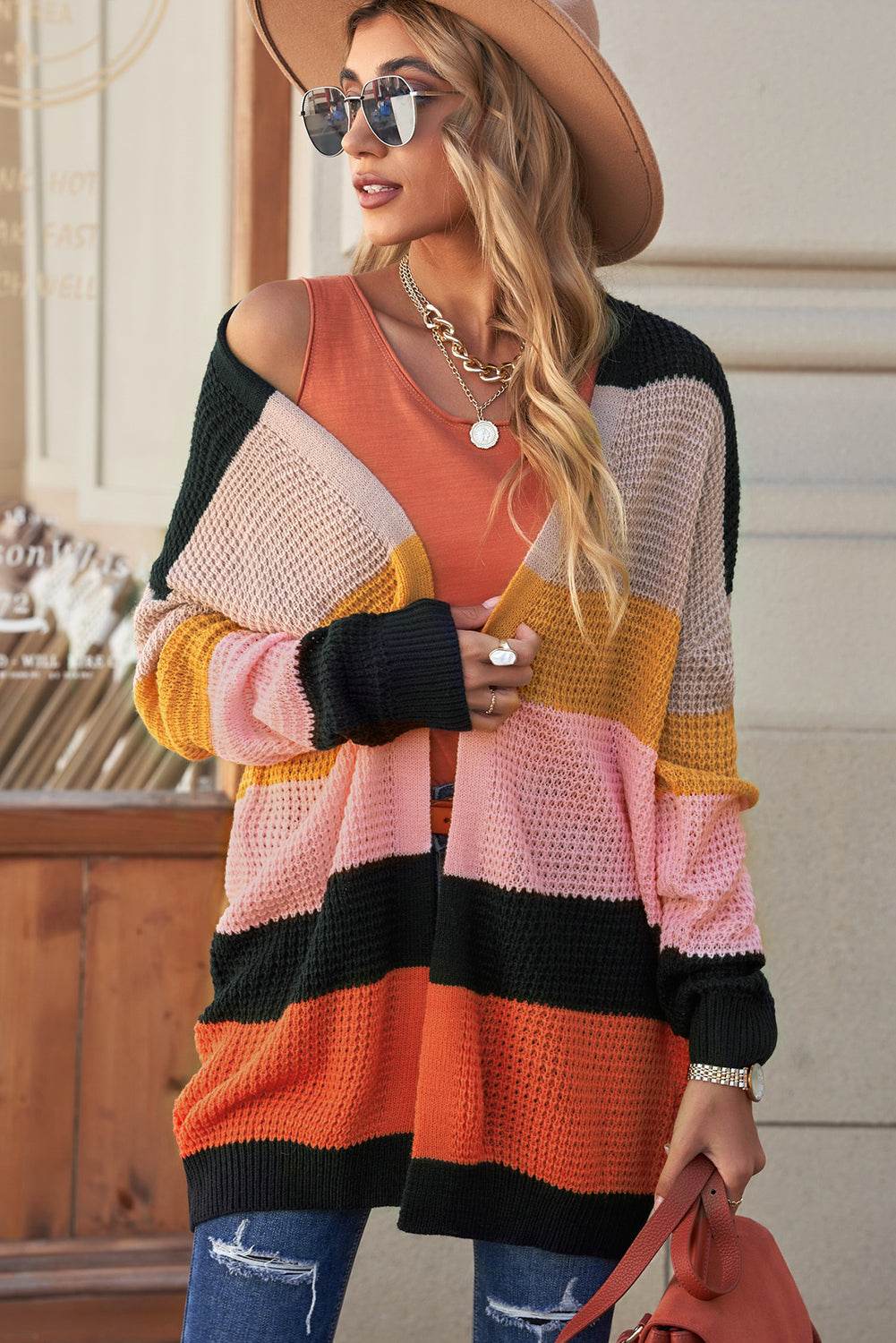 Striped Waffle Knit Open Front Cardigan Multicolor for a perfect OOTD – dress to impress outfits from Amexza