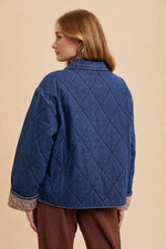 Annie Wear Quilted Printed Lining Snap Down Denim Jacket - Amexza