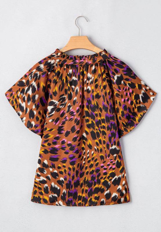 Leopard Notched Short Sleeve Blouse for a perfect OOTD – dress to impress outfits from Amexza