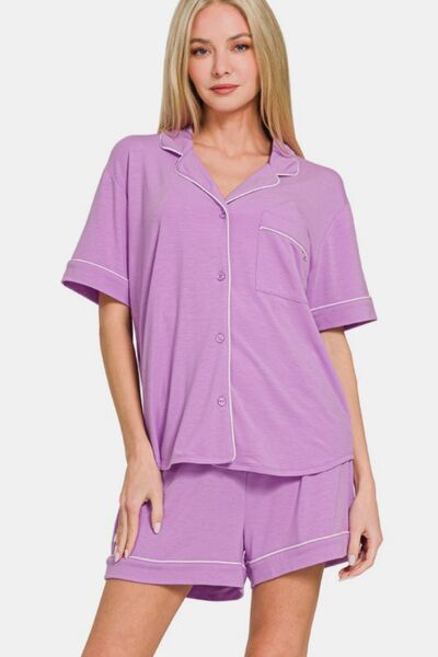 Zenana Button Down Short Sleeve Top and Shorts Lounge Set Heliotrope Purple for a perfect OOTD – dress to impress outfits from Amexza