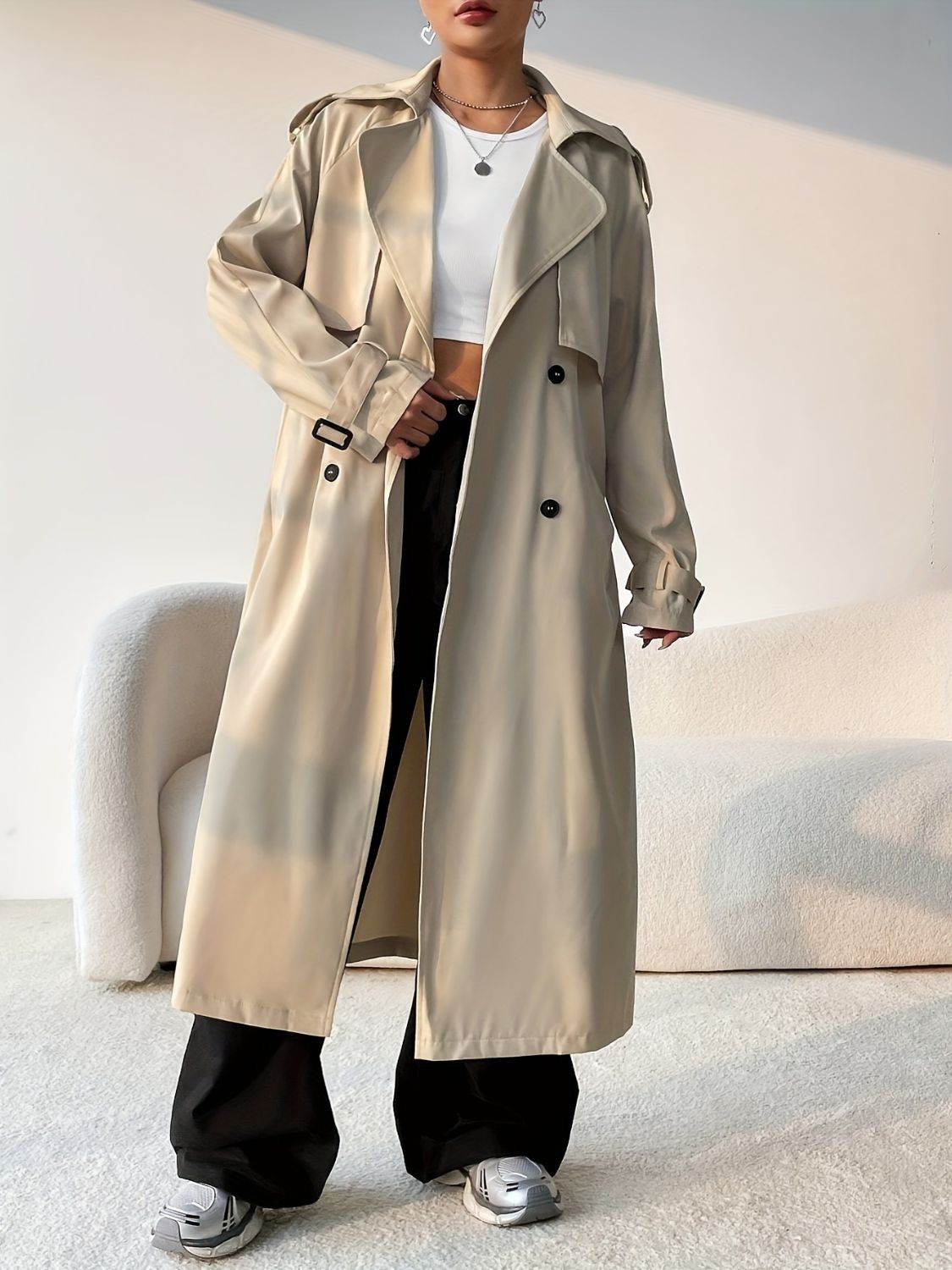 Collared Neck Long Sleeve Longline Trench Coat for a perfect OOTD – dress to impress outfits from Amexza