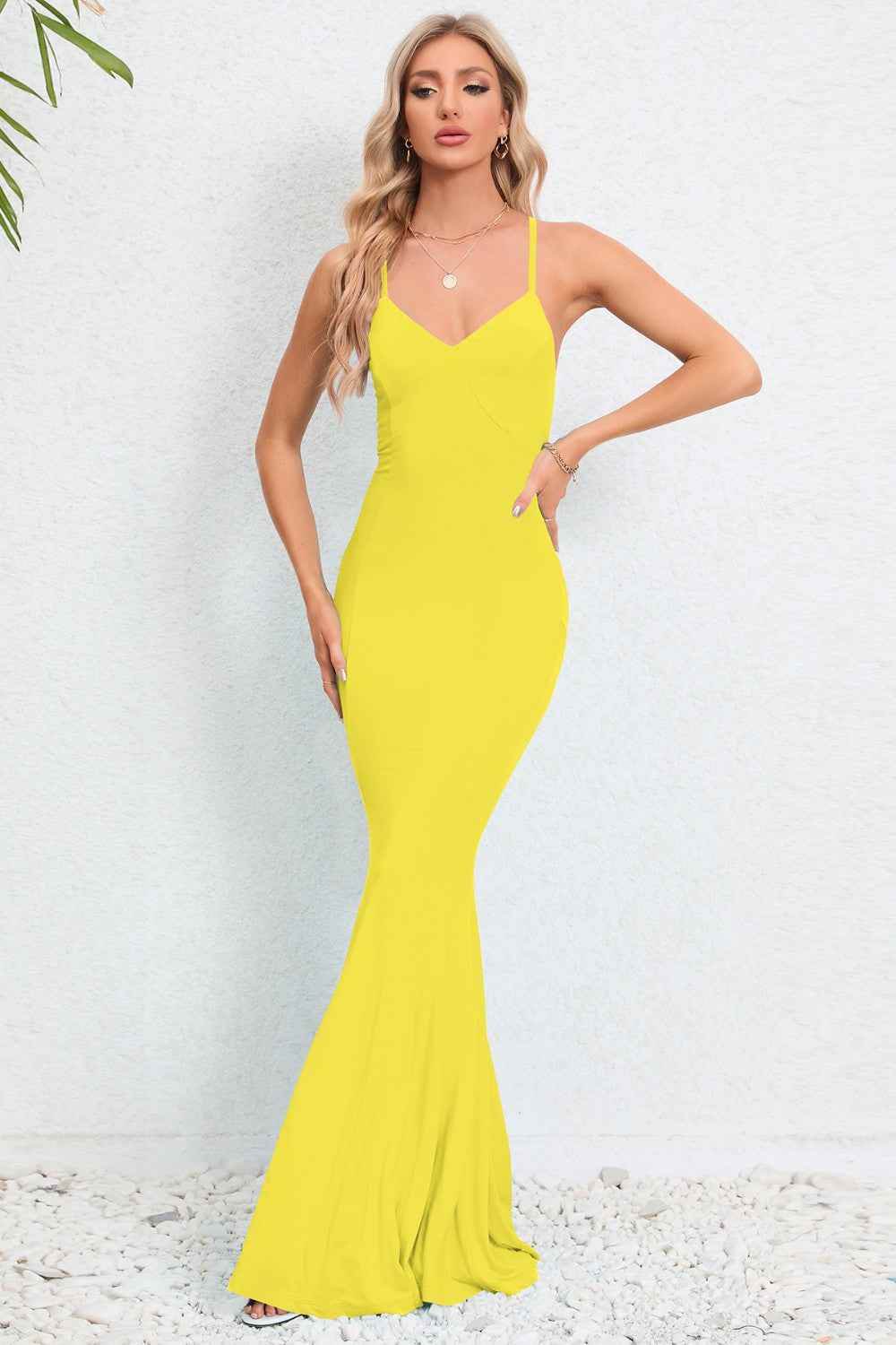 Crisscross Spaghetti Strap Fishtail Dress Yellow for a perfect OOTD – dress to impress outfits from Amexza