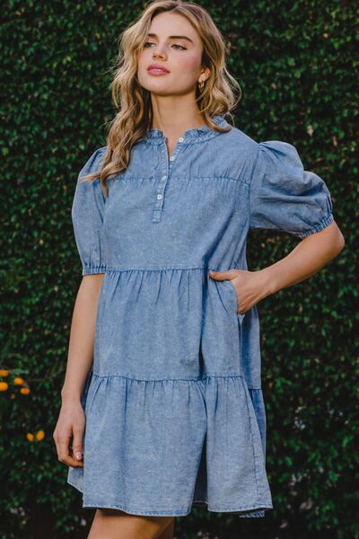 ODDI Washed Tiered Mini Denim Dress Washed Denim for a perfect OOTD – dress to impress outfits from Amexza