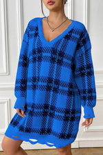 Plaid V-Neck Long Sleeve Sweater Dress Royal Blue One Size for a perfect OOTD – dress to impress outfits from Amexza