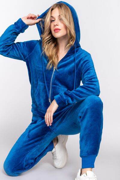 ACTIVE BASIC Faux Fur Zip Up Long Sleeve Hoodie and Joggers Set DEEP BLUE for a perfect OOTD – dress to impress outfits from Amexza