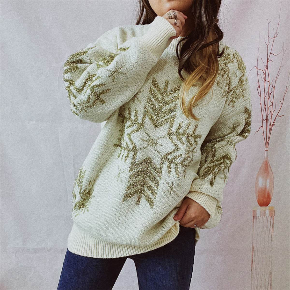 Snowflake Pattern Long Sleeve Sweater for a perfect OOTD – dress to impress outfits from Amexza