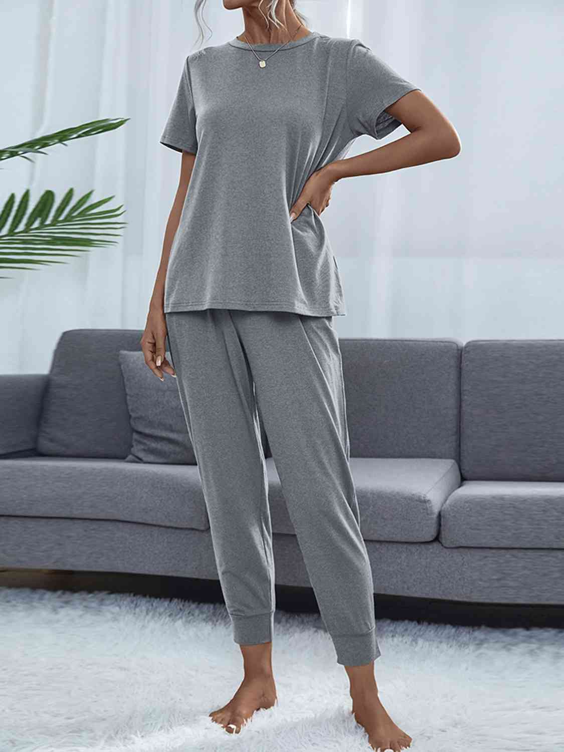 Shiny Round Neck Short Sleeve Top and Pants Set for a perfect OOTD – dress to impress outfits from Amexza