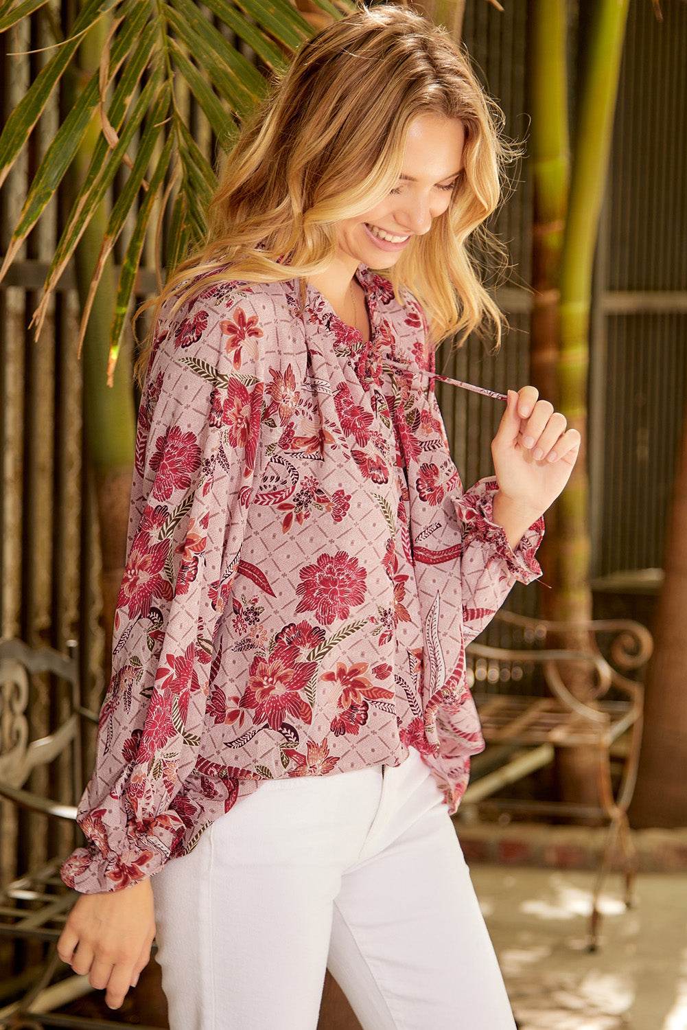 Floral Tie Neck Flounce Sleeve Blouse for a perfect OOTD – dress to impress outfits from Amexza