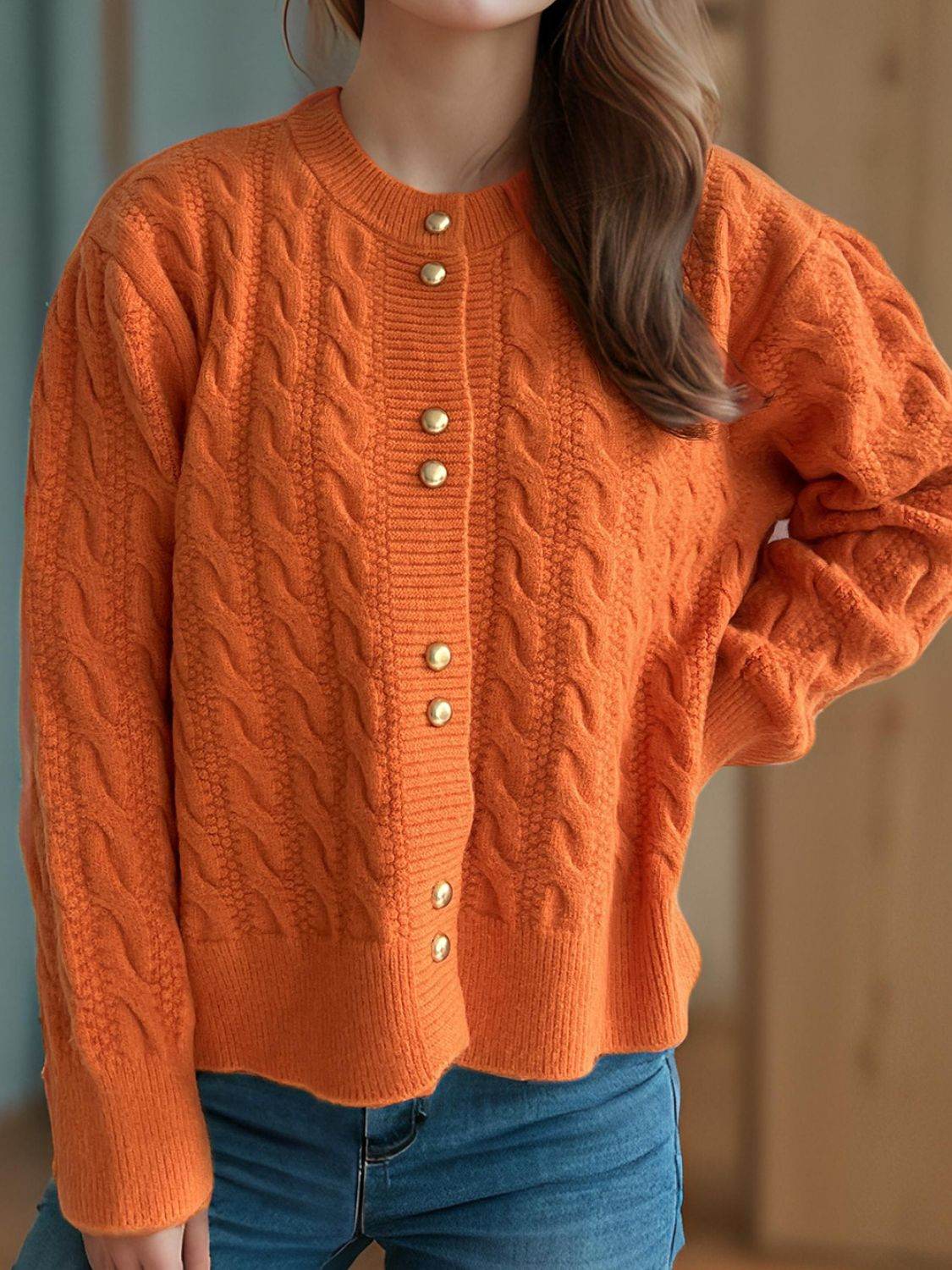 Cable-Knit Round Neck Long Sleeve Cardigan Orange One Size for a perfect OOTD – dress to impress outfits from Amexza