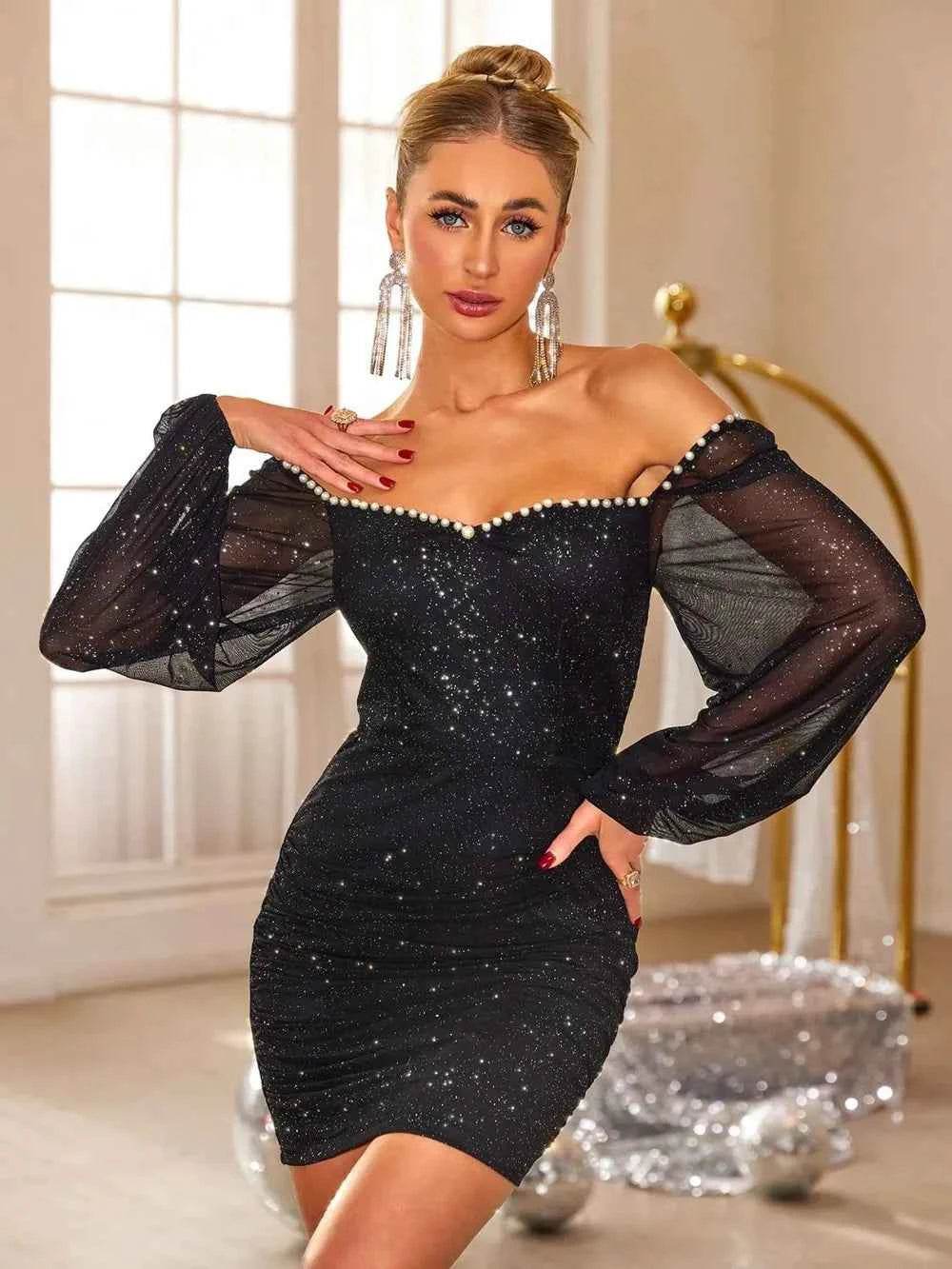 Pearl Trim Sweetheart Neck Long Sleeve Mini Dress for a perfect OOTD – dress to impress outfits from Amexza