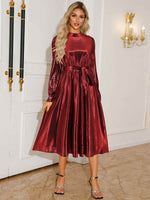 Tie Waist Long Sleeve Midi Dress - Amexza