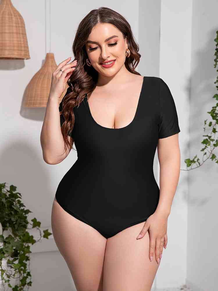 Plus Size Scoop Neck Short Sleeve One-Piece Swimsuit Black for a perfect OOTD – dress to impress outfits from Amexza