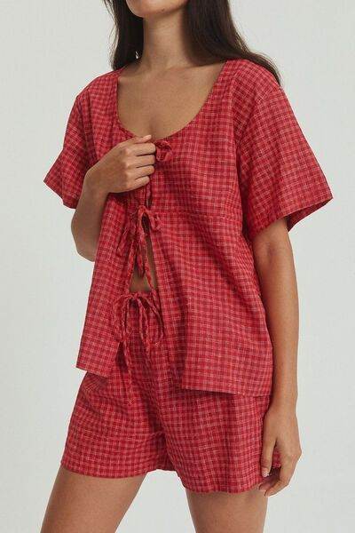 Plaid Tied Scoop Neck Short Sleeve Top and Drawstring Shorts Set for a perfect OOTD – dress to impress outfits from Amexza