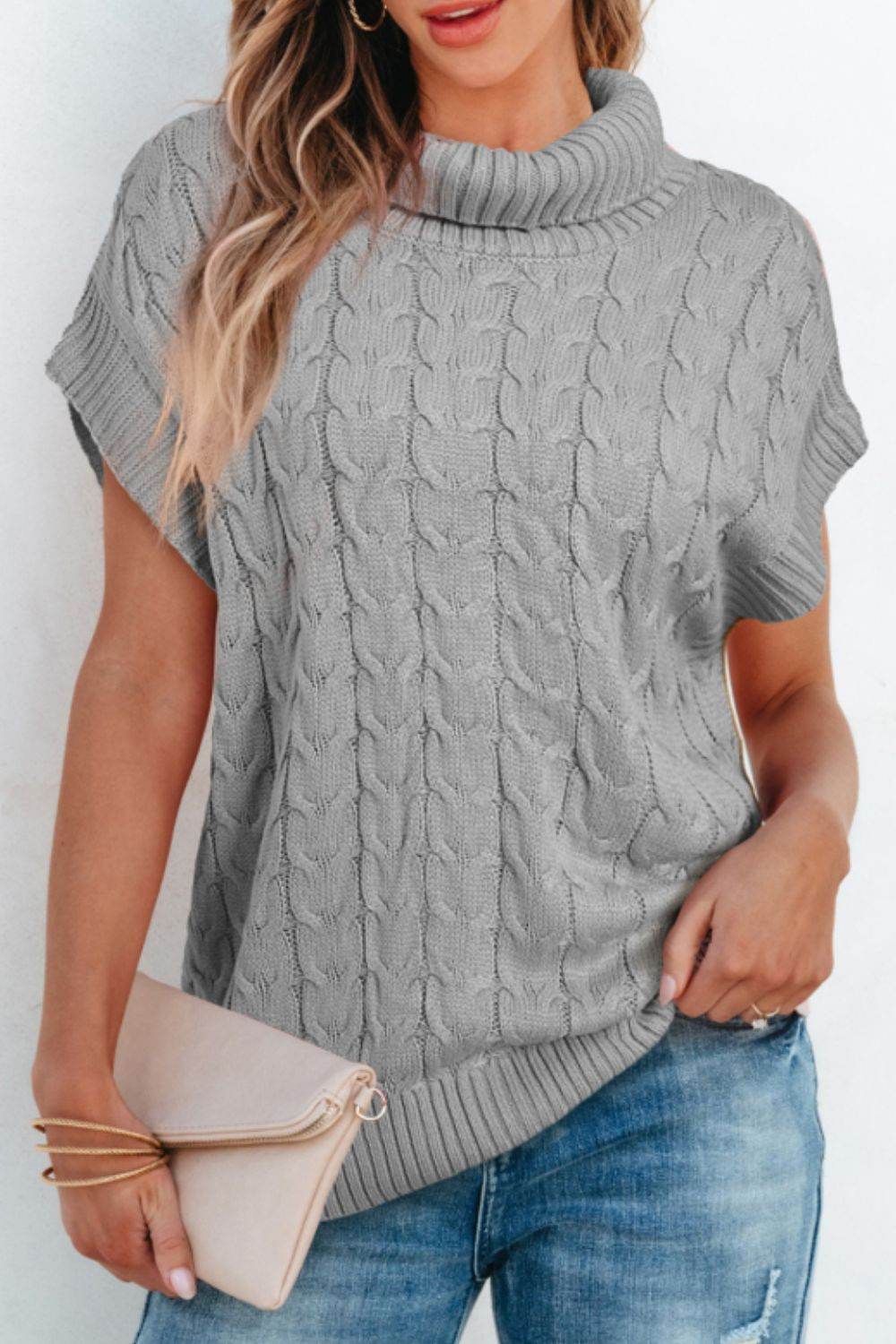 Cable Knit Turtleneck Short Sleeve Sweater Gray for a perfect OOTD – dress to impress outfits from Amexza