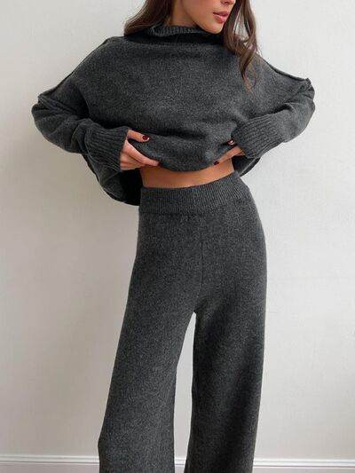 Slit Turtleneck Long Sleeve Top and Pants Sweater Set Dark Gray One Size for a perfect OOTD – dress to impress outfits from Amexza