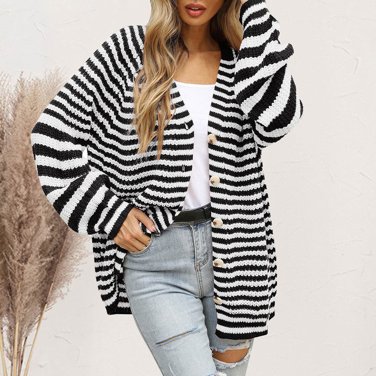 Striped Button Down Long Sleeve Cardigan - Amexza