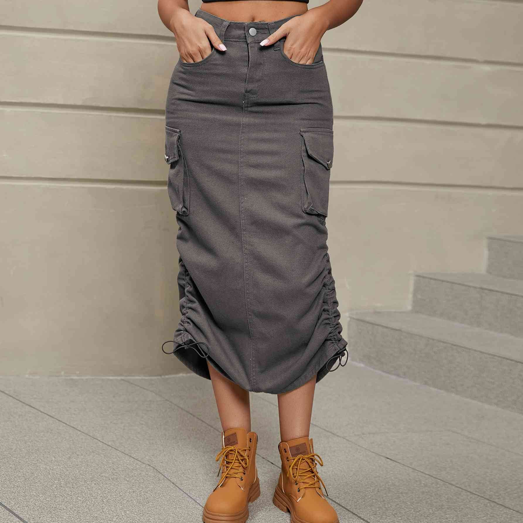 Drawstring Ruched Slit Denim Midi Skirt for a perfect OOTD – dress to impress outfits from Amexza