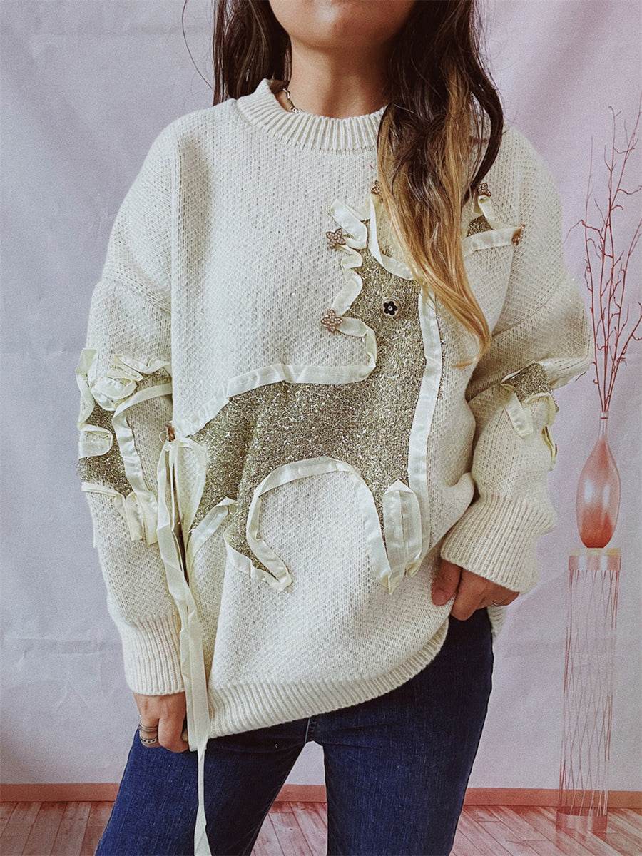 Reindeer Round Neck Long Sleeve Sweater Beige for a perfect OOTD – dress to impress outfits from Amexza