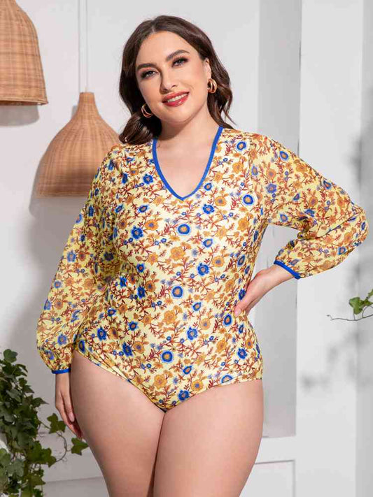 Plus Size Floral Open Back Long Sleeve One-Piece Swimsuit Gold for a perfect OOTD – dress to impress outfits from Amexza