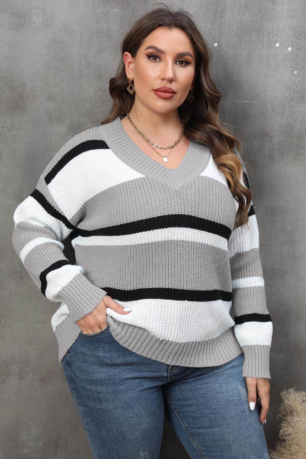 Plus Size Striped V-Neck Dropped Shoulder Sweater for a perfect OOTD – dress to impress outfits from Amexza