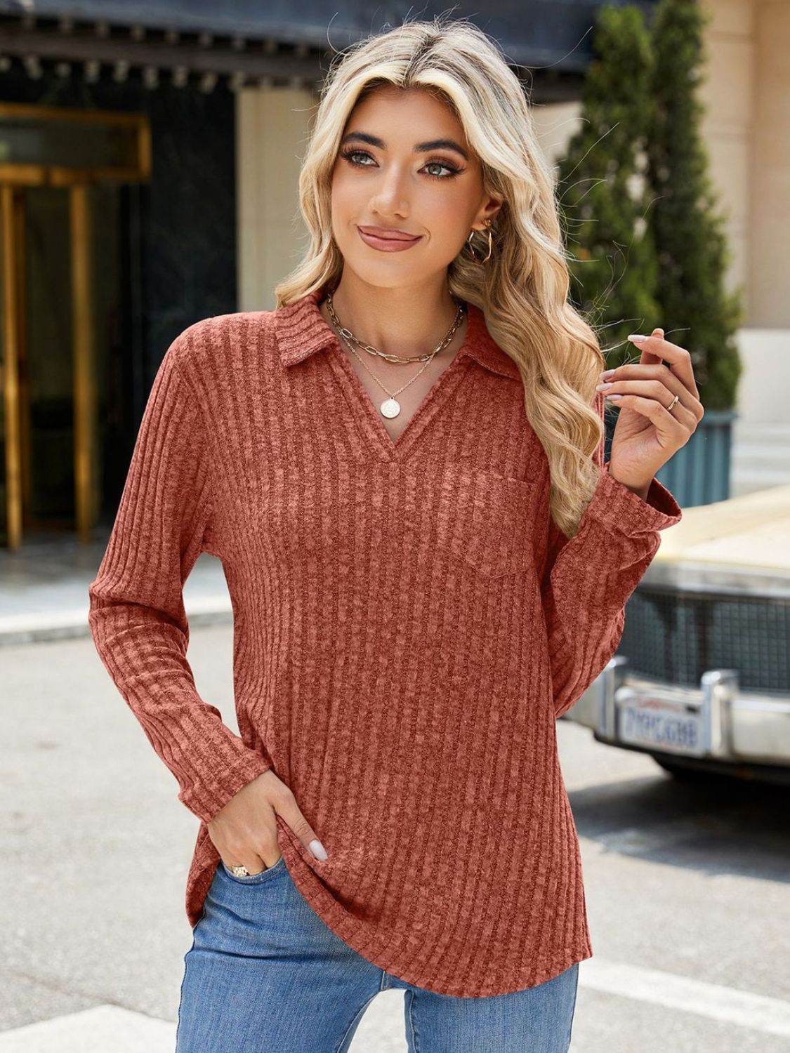 Ribbed Johnny Collar Long Sleeve T-Shirt for a perfect OOTD – dress to impress outfits from Amexza