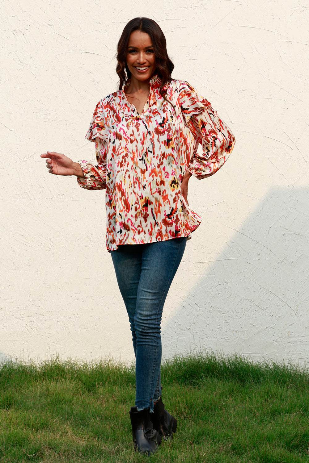 Printed Nochted Neck Ruffled Blouse for a perfect OOTD – dress to impress outfits from Amexza