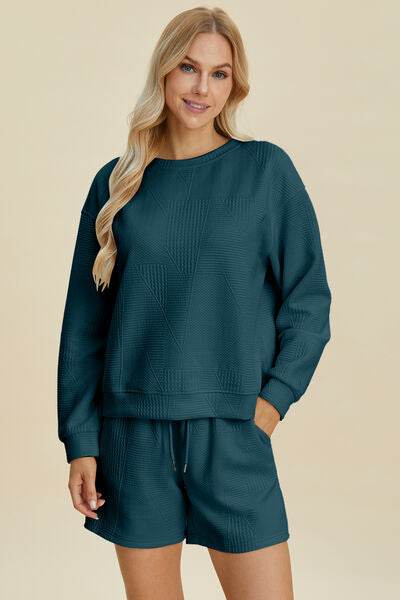 Double Take Full Size Texture Round Neck Long Sleeve Top and Shorts Set Peacock Blue for a perfect OOTD – dress to impress outfits from Amexza