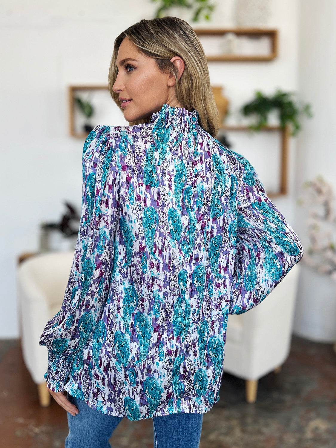 Double Take Full Size Printed Smocked Long Sleeve Blouse for a perfect OOTD – dress to impress outfits from Amexza