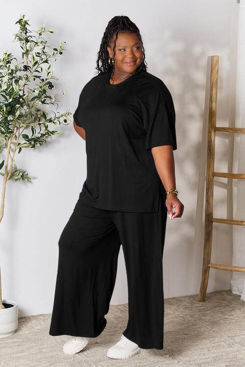 Double Take Full Size Round Neck Slit Top and Pants Set for a perfect OOTD – dress to impress outfits from Amexza