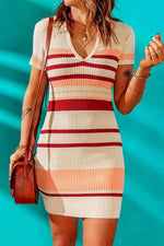 Contrast Striped Johnny Collar Short Sleeve Mini Dress for a perfect OOTD – dress to impress outfits from Amexza