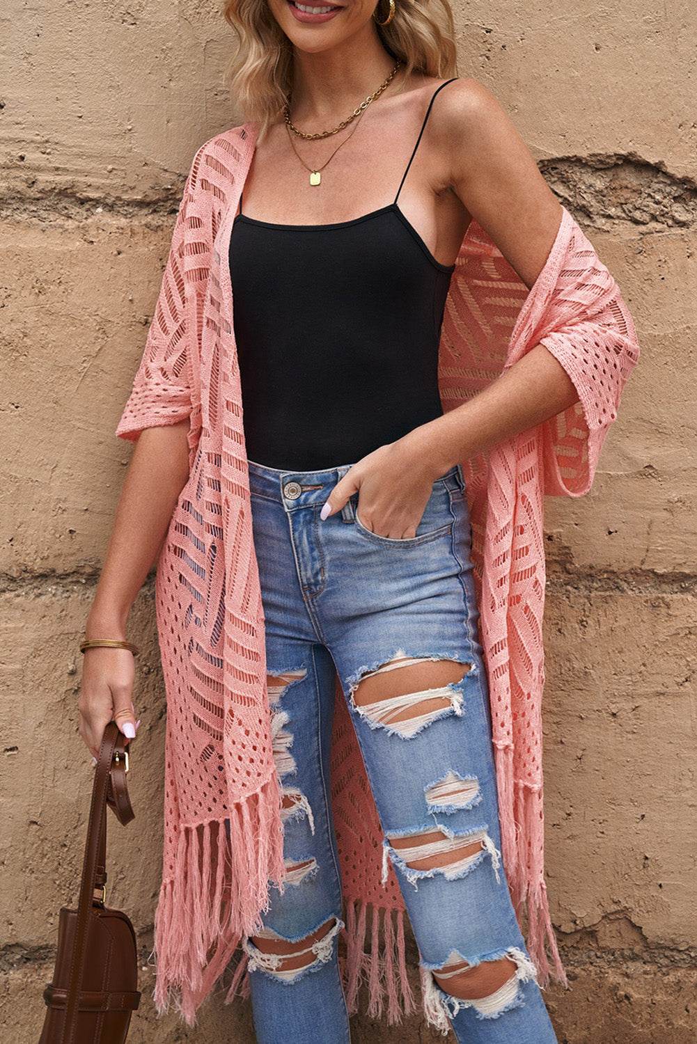 Openwork Open Front Cardigan with Fringes Blush Pink One Size for a perfect OOTD – dress to impress outfits from Amexza