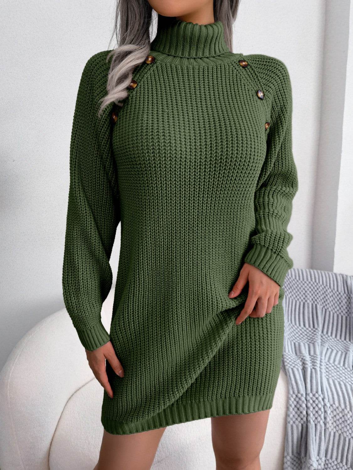 Decorative Button Turtleneck Sweater Dress Dark Green for a perfect OOTD – dress to impress outfits from Amexza