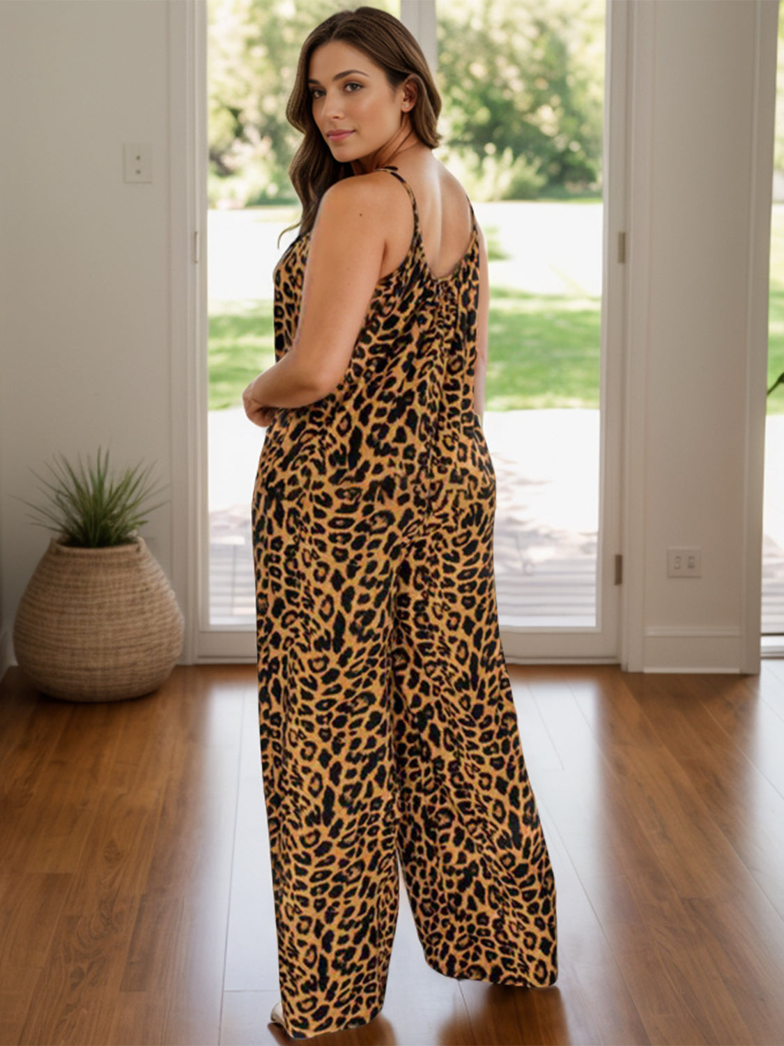 Full Size Leopard Scoop Neck Wide Leg Jumpsuit - Amexza