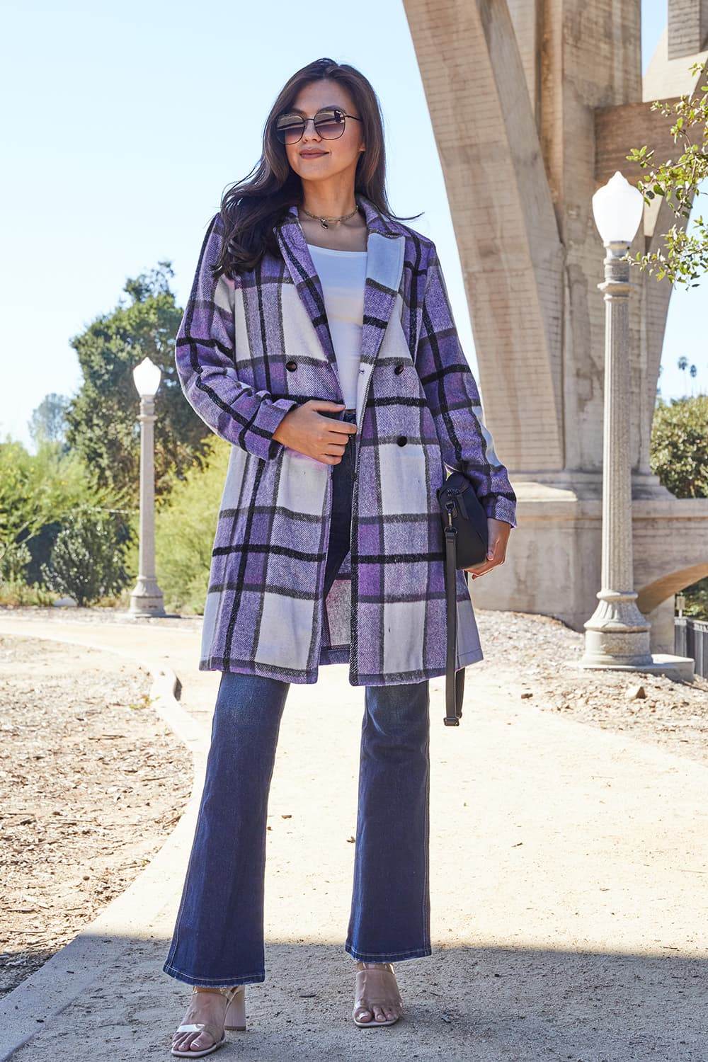 Double Take Full Size Plaid Button Up Lapel Collar Coat Violet for a perfect OOTD – dress to impress outfits from Amexza