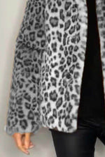 Full Size Leopard Furry Collared Neck Long Sleeve Coat - Amexza