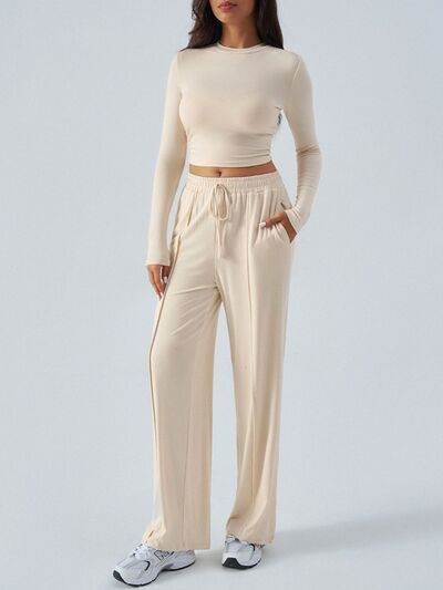 Devine Round Neck Long Sleeve Top and Pants Set - Amexza