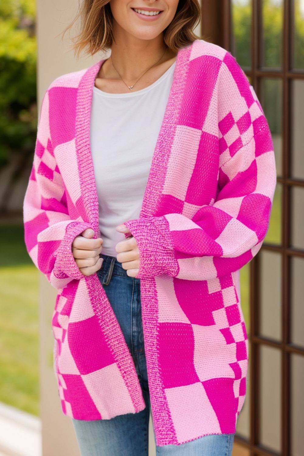 Checkered Open Front Long Sleeve Cardigan Hot Pink for a perfect OOTD – dress to impress outfits from Amexza