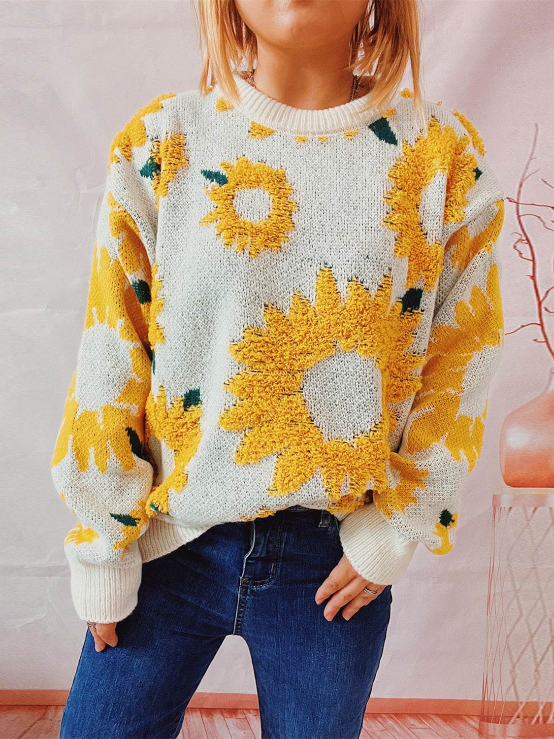 Sunflower Dropped Shoulder Long Sleeve Sweater Banana Yellow for a perfect OOTD – dress to impress outfits from Amexza