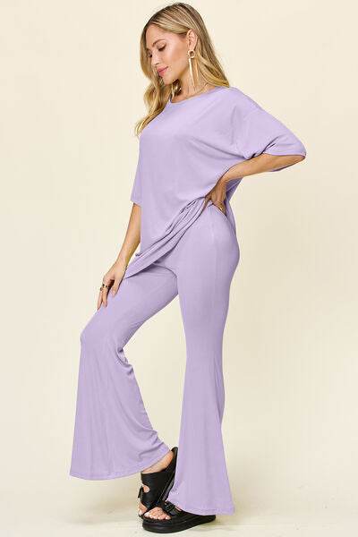 Double Take Full Size Round Neck Drop Shoulder T-Shirt and Flare Pants Set for a perfect OOTD – dress to impress outfits from Amexza