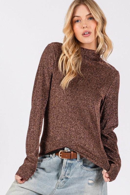 SAGE + FIG Glitter Mock Neck Lettuce Hem Long Sleeve Top - Amexza