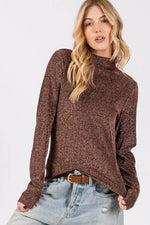 SAGE + FIG Glitter Mock Neck Lettuce Hem Long Sleeve Top - Amexza